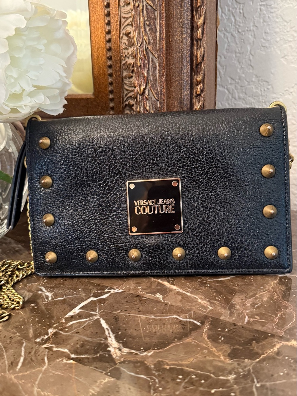 Versace Jeans Collection Black Leather Zip Wallet with Gold Hardware